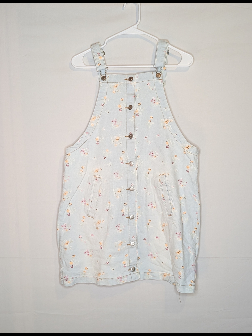 Celebrity Pink Light Blue Floral Denim Overall Dress 90s Style